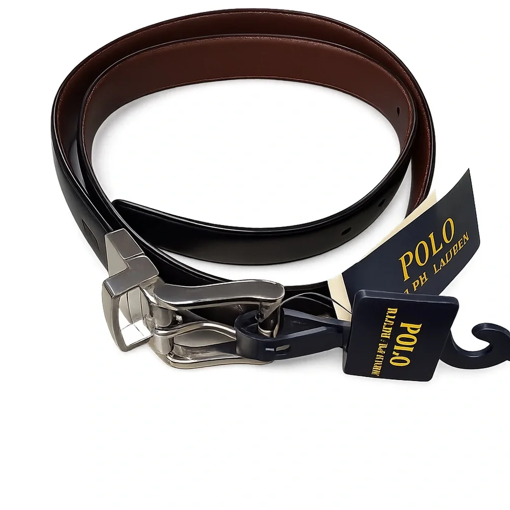 Polo Ralph Lauren Men’s Reversible Leather Belt Black Brown Silver Buckle NWT 42
